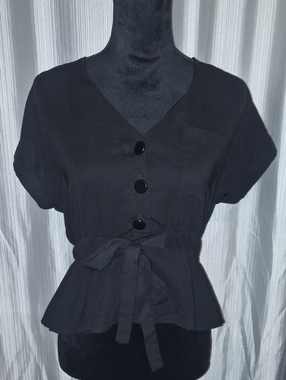 Sweet Rain Black V-Neck Tie-Waist Peplum Blouse